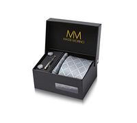 Massi Morino Corbata Gris Cuadrado con Pañuelo | Set de Corbata para Hombre incl. Gemelos, Pasador y Caja de Regalo | Accesorios ideal para Bodas