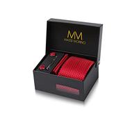 Massi Morino Corbata Rojo Cuadrado con Pañuelo | Set de Corbata para Hombre incl. Gemelos, Pasador y Caja de Regalo | Accesorios ideal para Bodas