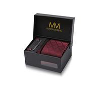 Massi Morino Corbata Rojo Oscuro Cuadrado con Pañuelo | Set de Corbata para Hombre incl. Gemelos, Pasador y Caja de Regalo | Accesorios ideal para Bodas