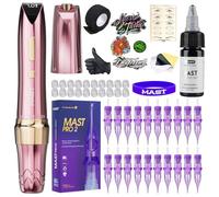 Mast P60 - Kit de pistola de tatuaje inalámbrica, 5 tiempos, longitud de 2,2 mm a 3,2 mm, 20 agujas de cartucho, color rosa para artistas profesionales (1 batería)