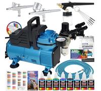 Master Airbrush Cool Runner - Compresor de aire de doble ventilador, kit de sistema de aerografía profesional con 3 aerógrafos, alimentación por gravedad y sifón, juego de pintura acrílica de 6