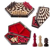 Master of Chess Tablero Ajedrez Madera para 3 Personas con Piezas 28 x 23 cm - Hecho a Mano y Portatil Pequeño Juego de Ajedrez para Niños y Adultos - Decorado con diseños Pirografiados Tradicionales