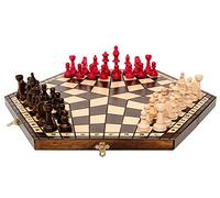 Master of Chess Tablero Ajedrez Madera para 3 Personas con Piezas 40 x 35 cm - Hecho a Mano y Portatil Grande Juego de Ajedrez para Niños y Adultos - Decorado con diseños Pirografiados Tradicionales