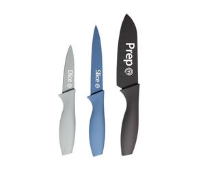 MasterChef Cuchillos Cocina, Set Cuchillo de Chef por Verduras, Carne y Pelar, Acero Inoxidable, Hoja Afilada con Revestimiento Antirayaduras, con Asas Suaves al Tacto, 3 Piezas, Azul, Captions