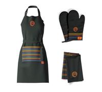 MasterChef Juego de Delantal Cocina, Paños y Guantes de Horno, Juego de 3 Piezas, Diseño a Rayas Multicolores, Apto para Lavadora, Resistente al Calor, Logotipo Bordado