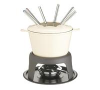 MasterClass Set de fondue de hierro fundido, olla de fondue con 6 tenedores y cuenco de hierro fundido esmaltado, retención superior del calor y quemador ajustable, en caja de regalo, crema, 21x18cm