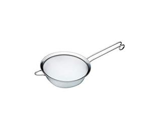MasterClass Tamiz de malla fina, acero inoxidable, borde pulido y práctico recipiente redondo con asa de gancho, 18 cm (7"), etiquetado, plata