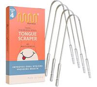 MasterMedi 100% de lengüeta de acero inoxidable raspador - paquete de 4, combate el mal aliento, grande para el cuidado bucal, al grado médico limpiador lingual para adultos y niños