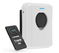 Masterplug Cargador de Pared Inteligente VE para Vehículos Eléctricos e Híbridos Tipo 2, con Toma, Modo 3, Bloqueo Automático, Carga Solar, Monofásico, Wi-Fi, Blanco, IP65, 7,4kW, 32A, EVCM3SS7W/EU