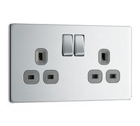 Masterplug NBS22W - Enchufe de doble polo de acero cepillado, 13 A, 2 canales, color blanco sin rosca, fino, cromo pulido