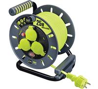 Masterplug Pro-XT Enrollacables 3 tomas IP44 con asa de bobinado, interruptor térmico e interruptor de alimentación, cable de alta visibilidad de 25 metros