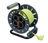 Masterplug Pro-XT Enrollacables de carrete de cable abierto de cuatro tomas con asa de bobinado, interruptor térmico e interruptor de alimentación, cable de alta visibilidad de 20 metros