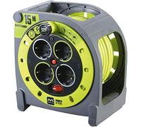 Masterplug Pro-XT Enrollacables de carrete de cable abierto de cuatro tomas con asa de bobinado, interruptor térmico e interruptor de alimentación, cable de alta visibilidad de 15 metros