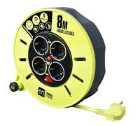 Masterplug Pro-XT Enrollacables de carrete de cable abierto de cuatro tomas con asa de bobinado, interruptor térmico e interruptor de alimentación, cable de alta visibilidad de 8 metros