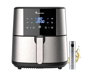MasterPro Foodies | Kit de Freidora Sin Aceite XXL de 6L y 1800W Junto con Spray Pulverizador de Aceite | Pantalla LED Táctil y Cesta Antiadherente | Freidora de Aire | 8 Funciones Diferentes en 1