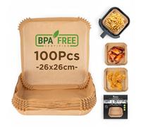 MasterPro Foodies - Papel de hornear para freidora de aire - Sin BPA - Juego de 100 Piezas - Moldes Cuadrados de Papel de 26cm para freidora de aire con cesta de 3-4,5L - Sin blanquear
