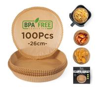 MasterPro Foodies - Papel de hornear para freidora de aire - Sin BPA - Juego de 100 Piezas - Moldes redondos de Papel de 26cm para freidora de aire con cesta de 3-4,5L - Sin blanquear, 26 Cm Redondo