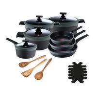 MasterPRO Gastro Reeco | Batería de Cocina en Aluminio Fundido | 3 sartenes de 28, 24 y 20 cm | 4 Cacerolas con Tapa | Utensilios d Madera | 5 Protectores | Juego Completo, Resistente y Versatil