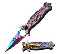 Masters Collection - Spring Assisted Open Folding Pocket Knife - Rainbow Stainless Steel Blade, Rainbow Handle w/Sculpted Ninja, Pocket Clip, Glass Punch, EDC, Collectible, Self Defense - MC-A030RB