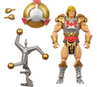 Masters of the Universe Masterverse He-Man Flying Fists Figura de acción, juguete de 17,8cm de New Eternia de MOTU con arma giratoria y escudo, 30 articulaciones, JBP75
