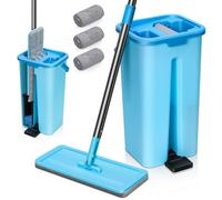 MASTERTOP Cubo Escurridor y Mopa Plana Giratoria, Cubo Autoescurridor Pequeño y Ligero con Manos Libres, Fregona para Limpieza de Suelos Húmedos y Secos con 3 Almohadillas Microfibra (Azul)