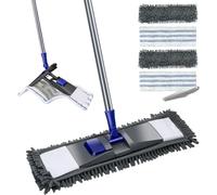 MASTERTOP Fregona Largo de Microfibra Giratoria 360° Mopa Plana de Chenille para Limpieza de Suelo Seco y Húmedo con 4 Cabezales Trapeador Grande con Palo Acero Inoxidable para Hogar y Cocina