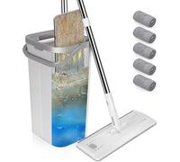 MASTERTOP Juego de fregona Plana y Cubo, fregona de Microfibra con 5 Almohadillas Reutilizables para fregona y Mango de Acero Inoxidable, Manos Libres, mármol, Madera Dura (Blanco)