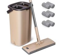 MASTERTOP Mopa Fregona con Cubo Escurridor, Fregona Plana Microfibra Giratorio 360° con Cubo Sistema Autolimpieza y 6 Almohadillas para Limpiar Suelos de Azulejos, Madera, Laminados y Mármol (Beige)