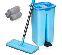 MASTERTOP Mopa Fregona con Cubo Escurridor, Mopa Plana Giratorio 360° con Cubo Pequeño de Sistema Autolimpieza, Trapeador con 3 Almohadillas para Limpieza Suelos (Azul Cielo)