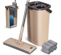 MASTERTOP Mopa Microfibre con Cubo Escurridor, Mopa Fregona Plana con Manos Libres, Trapeador Giratorio 360° con Cubo Sistema Autolimpieza para Lavado Suelos Secos y Húmedos + 6 Almohadillas (Beige)