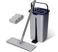 Masthome Juego De Fregona Plana y Cubos,Fregona Plana de Microfibra,Mopa Fregona con 3 paños de Recambio,para Limpieza, Pisos, Madera Dura, Azulejos