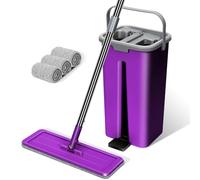 Masthome Juego de Fregona y Cubo,Fregona Plana Profesional con 3 paños de Recambio,mopas de Limpieza Suelos, con Mango de Acero Inoxidable de 148 cm,para Madera Dura, mármol, Azulejos