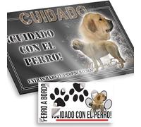 "Mastín Español Cartel Cuidado con el Perro 20x12,5cm - Diseño Antracita en Dibond con Pegatina Coche 20x5cm - En Español"