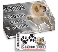 "Mastín Español Cartel de Cuidado con el Perro 20x12,5cm - Diseño Vintage Dibond con Pegatina Coche Premium 20x5cm"