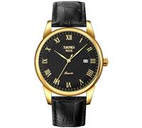 MASTOP Reloj analógico de cuarzo para hombre, con números romanos, para negocios, casual, calendario, clásico, resistente al agua, cómodo reloj de piel, Oro negro., Reloj de cuarzo