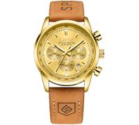 MASTOP Reloj cronógrafo de cuarzo para hombre con correa de cuero, fecha, luminoso, Dorado, Reloj de cuarzo para hombre, correa de piel con cronógrafo