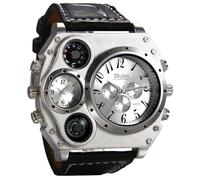 MASTOP Reloj de cuarzo multifunción de gran tamaño para hombre, esfera grande, doble zona horaria, brújula decorativa y termómetro, estilo militar steampunk, reloj de pulsera de cuero, regalo para