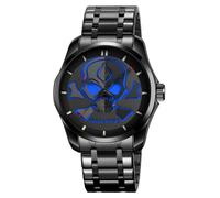 MASTOP Reloj de pulsera de acero inoxidable para hombre, diseño de calavera, cuarzo, para Halloween, resistente al agua, 30 m, con manecillas luminosas, diseño de esfera 3D, Azul, Reloj de pulsera de