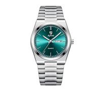 MASTOP Reloj de pulsera de cuarzo plateado para hombre, resistente al agua, manecillas luminosas, con visualización de día, fecha, acero inoxidable, analógico, casual, a la moda, Plateado, verde
