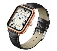 MASTOP Reloj de pulsera de cuero para hombre, retro, vintage, cuadrado, cuarzo, analógico, delicado, rectangular, correa marrón, puntero azul, números romanos, negocios, casual, vestido, Negro dorado