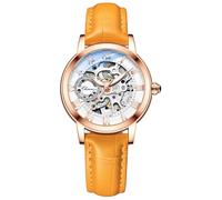 MASTOP Reloj de pulsera de zafiro para mujer, estilo steampunk, automático, mecánico, pulsera dorada, esqueleto y correa de piel para mujer, Naranja Dorado