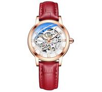 MASTOP Reloj de pulsera de zafiro para mujer, estilo steampunk, automático, mecánico, pulsera dorada, esqueleto y correa de piel para mujer, Dorado rojizo