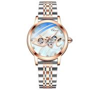 MASTOP Reloj de pulsera de zafiro para mujer, estilo steampunk, automático, mecánico, pulsera dorada, esqueleto y correa de piel para mujer, Steel Love