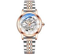 MASTOP Reloj de pulsera de zafiro para mujer, estilo steampunk, automático, mecánico, pulsera dorada, esqueleto y correa de piel para mujer, Acero plateado rosa