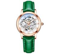 MASTOP Reloj de pulsera de zafiro para mujer, estilo steampunk, automático, mecánico, pulsera dorada, esqueleto y correa de piel para mujer, Dorado verde