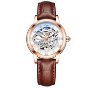 MASTOP Reloj de pulsera de zafiro para mujer, estilo steampunk, automático, mecánico, pulsera dorada, esqueleto y correa de piel para mujer, Dorado marrón
