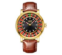 MASTOP Reloj de ruleta para hombre, de cuarzo, analógico, de gran cara, impermeable, luminoso, de cuero, estilo casual y moderno, Dorado, Marrón (Gold Brown), Moda única