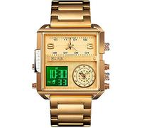 MASTOP Reloj deportivo digital para hombre, pantalla LED, cuadrado, cara grande, militar, multifunción, impermeable, luminoso, cronómetro, relojes de acero inoxidable, Oro, Digital, movimiento de