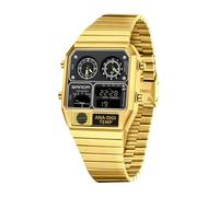 MASTOP Reloj digital analógico cuadrado retro con pantalla de temperatura, 3 zonas horarias, retroiluminación luminosa, 50 m, impermeable, alarma, cronómetro, semana/fecha, Negro dorado, Reloj digital