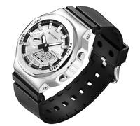 MASTOP Reloj para hombre, combinación digital/analógica, reloj casual de importación japonesa, reloj de acero inoxidable, correa de goma, esfera negra plateada, 3 manecillas, reloj despertador con